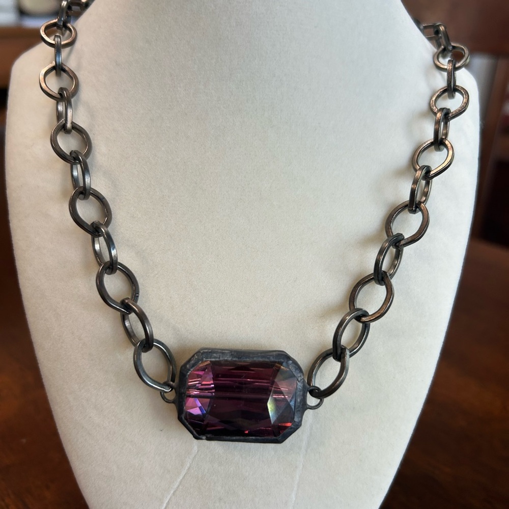 Elegant Purple and Black Necklace with Chunky Chain, artist is Jennifer Ponson